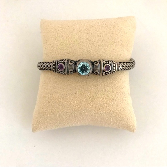 KC Indo 925 Sterling Silver Round Blue Topaz & Amethyst Spiga Wheat Bracelet 8" - Picture 1 of 16